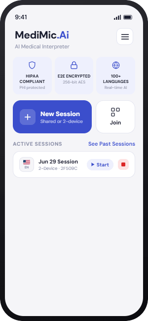 MediMic.Ai app home screen showing Shared Device and Two-Device session options