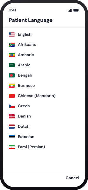 MediMic.Ai patient language selection screen