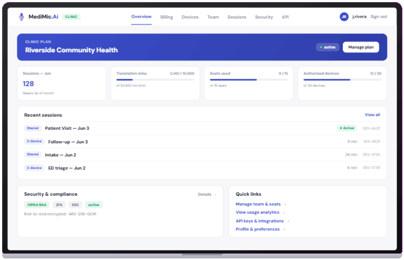 MediMic.Ai provider portal dashboard showing session usage, team seats, devices, and billing